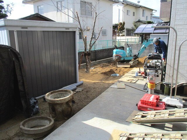 増築部分に緩衝する桜の木を移設し、その後に最終雨水マス・雨水管などの移設工事を施します。